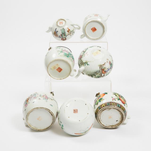 A Group of Seven Famille Rose Teapots and Creamer, Late Qing/Republican Period