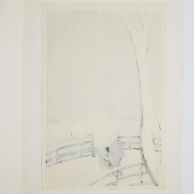Ohara Koson (Shoson, 1877-1945), Snow on Willow Bridge (Yanagibashi no Yuki), 1927