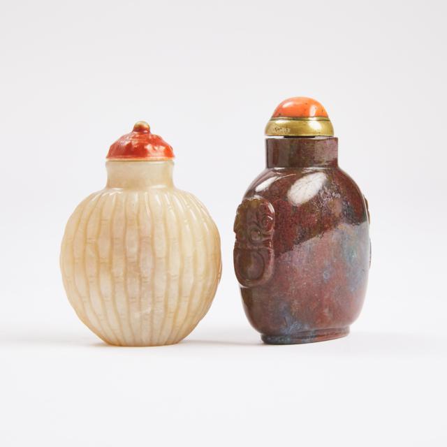 A Pale Greyish-White Jade Snuff Bottle, Together With a Moss Agate Snuff Bottle, 19th Century
