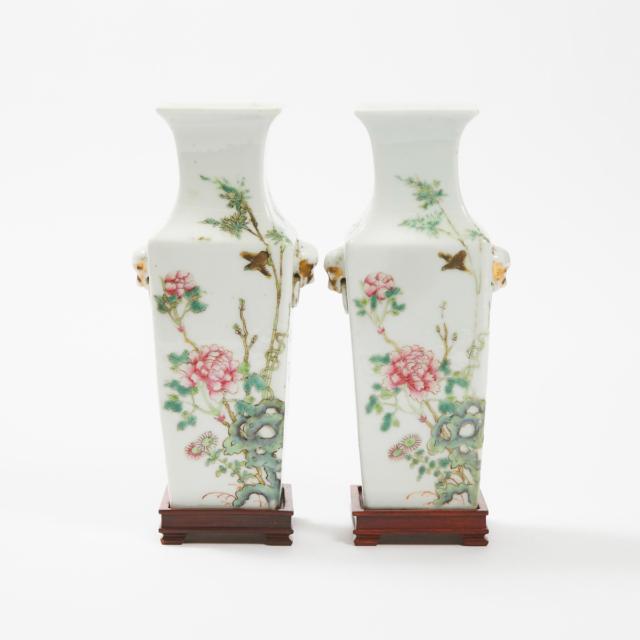 A Pair of Small Famille Rose Square Vases, Republican Period