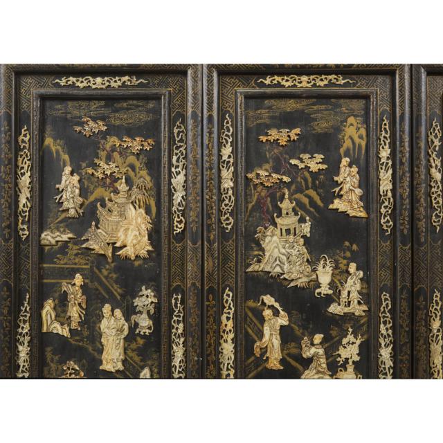 A Set of Four Bone-Inlaid Lacquer Hanging Panels, Late 19th Century