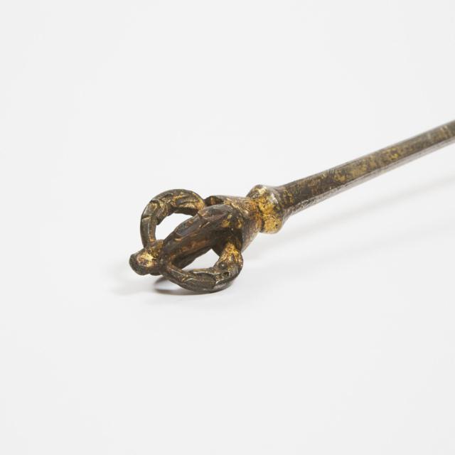 A Tibetan Gilt-Damascened Iron Vajra Hammer, 15th Century