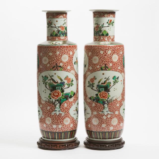 A Pair of Large Famille Verte and Iron-Red Decorated Rouleau Vases, Late 19th/Early 20th Century