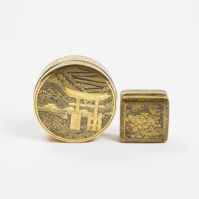 An Inlaid Iron Circular Miniature Box and Cover, By Komai of Kyoto, Together With a Square Box, Meiji Period