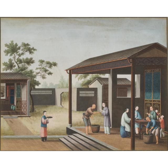 Canton School, A Group of Four Chinese Export 'Tea Cultivation' Paintings, Early 19th Century