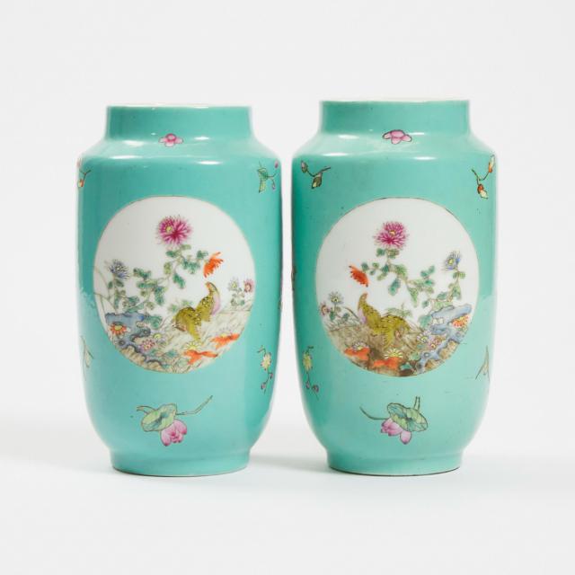 A Pair of Turquoise Ground Vases, Qianlong Mark, Mid 20th Century
