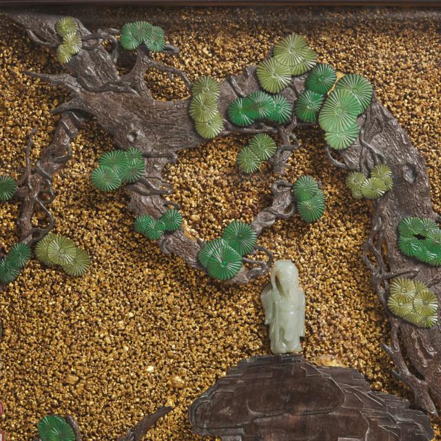 A White Jade and Hardwood Embellished Wall Panel, Qing Dynasty, 18th/19th Century
