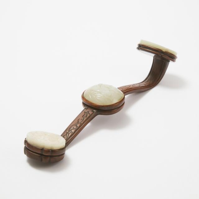 A White Jade-Inset Wood Ruyi Sceptre, Qing Dynasty, 19th Century