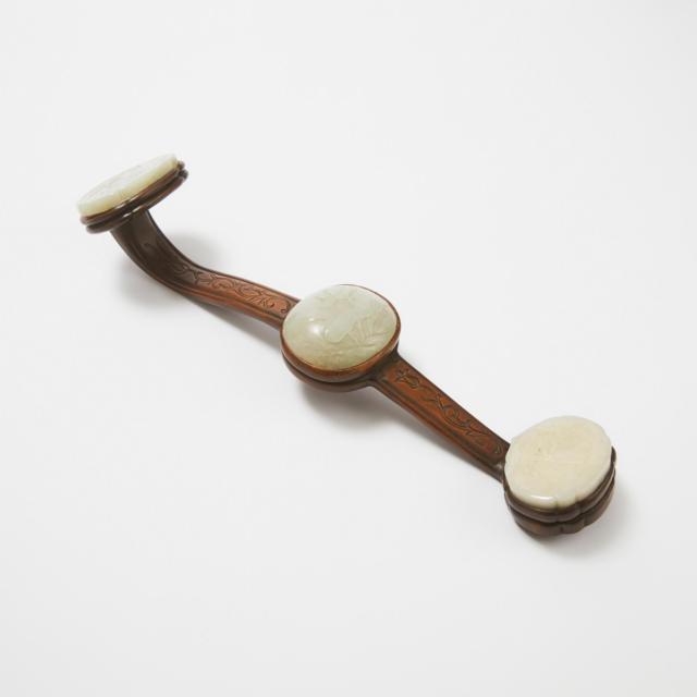 A White Jade-Inset Wood Ruyi Sceptre, Qing Dynasty, 19th Century