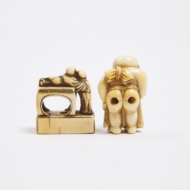 An Ivory Netsuke of a Child Sumo Wrestler, Together With a Seal-Form Netsuke of Two Children, 18th/19th Century