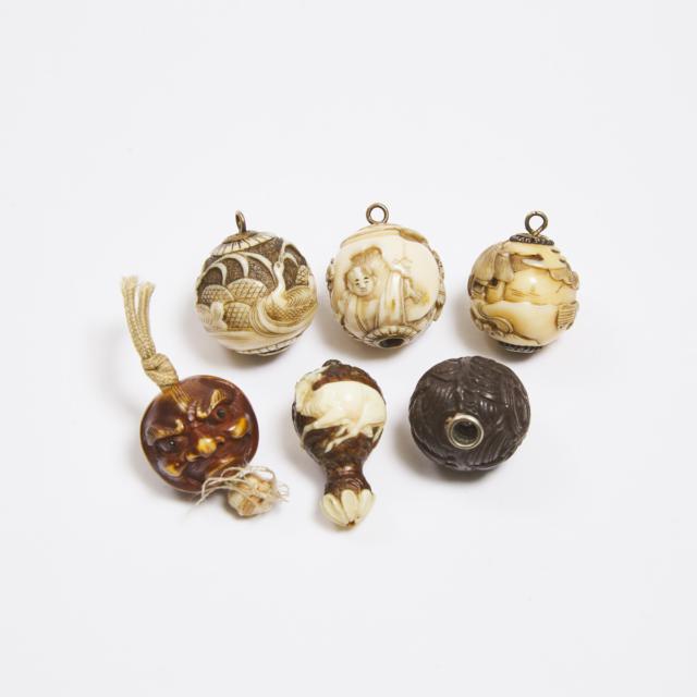 A Group of Six Ivory and Wood Inro Beads, One Signed Yukikazu, 19th Century