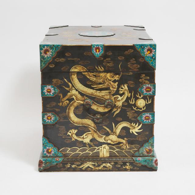 A Pair of Black Lacquer 'Dragon' Chests with Cloisonne Fittings, 19th/Early 20th Century