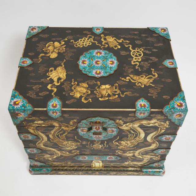 A Pair of Black Lacquer 'Dragon' Chests with Cloisonne Fittings, 19th/Early 20th Century