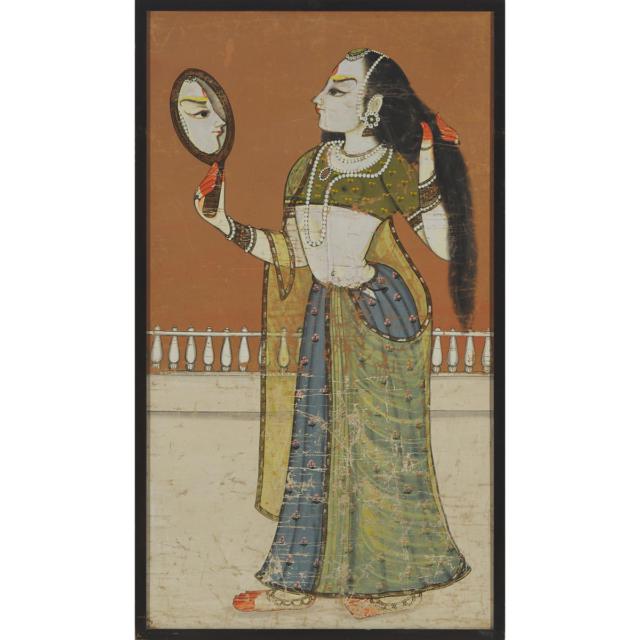 A Kishangarh-Style Painting of a Princess with a Mirror, 19th/Early 20th Century