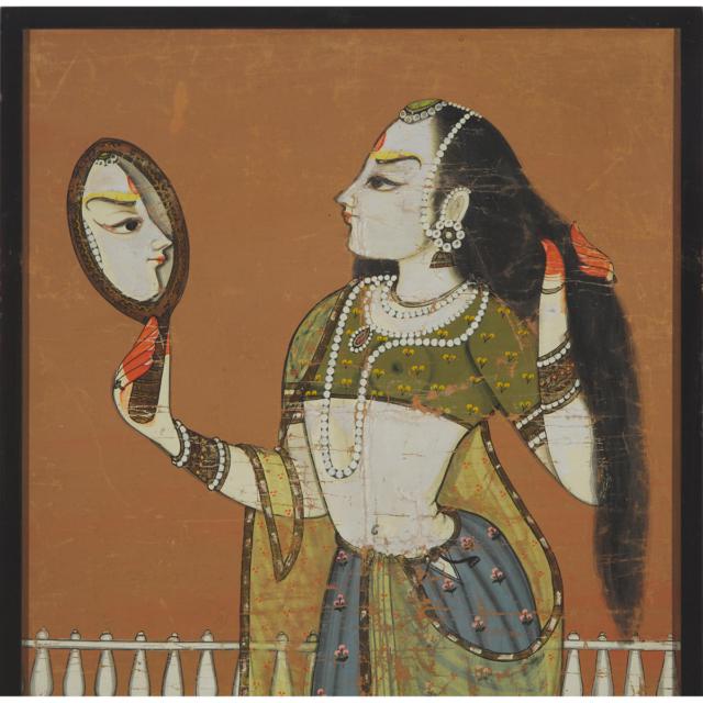 A Kishangarh-Style Painting of a Princess with a Mirror, 19th/Early 20th Century