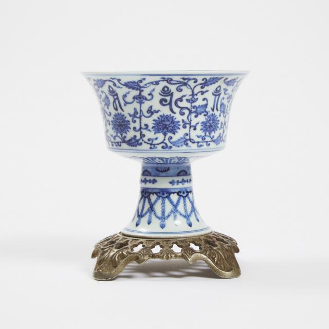 A Blue and White 'Lança Characters' Stem Bowl, Qianlong Mark