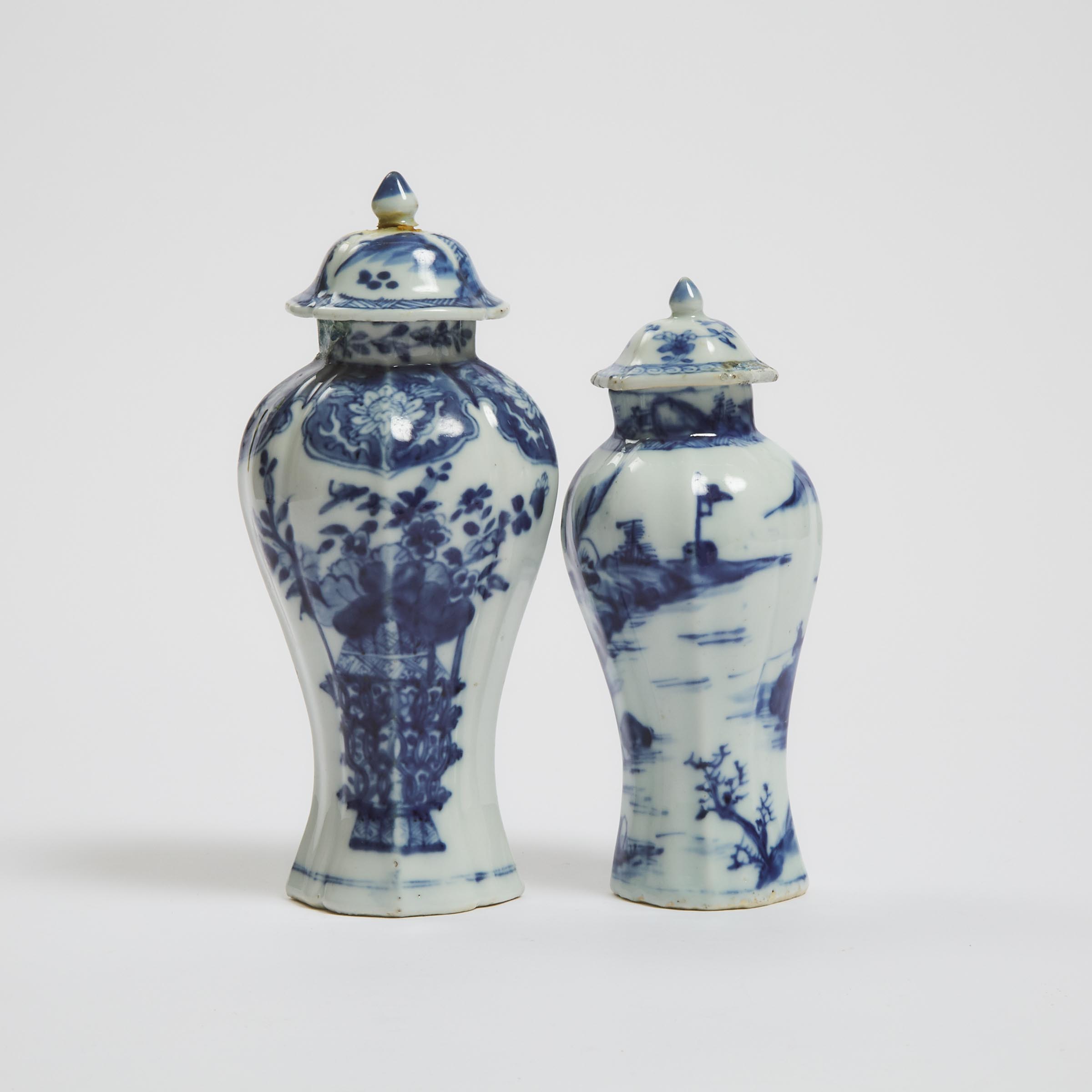 Two Small Chinese Export Blue and White Lidded Vases, Together With Three Inkwells, 18th/19th Century