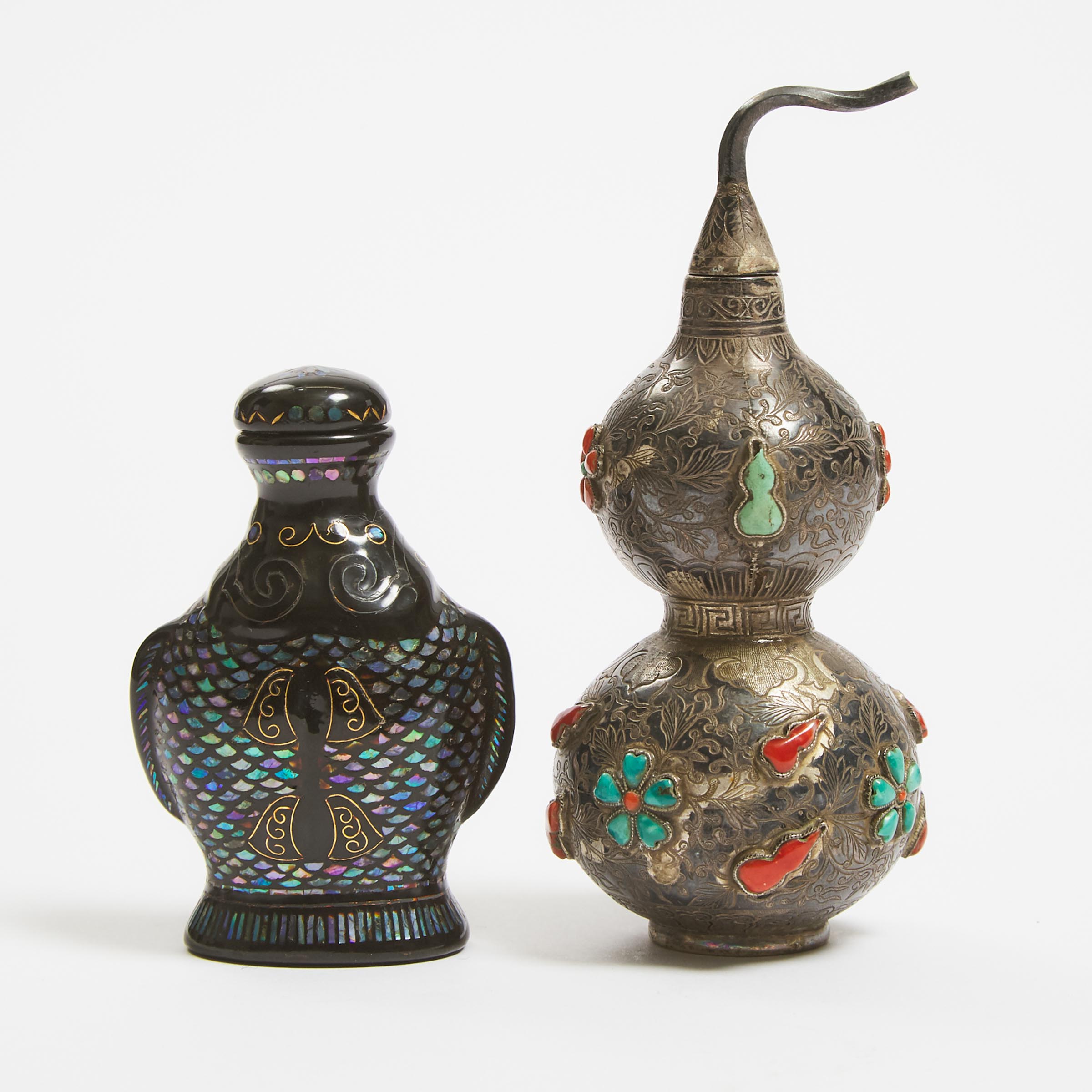 A Lac Burgauté 'Double Fish' Snuff Bottle, Together With an Embellished Silver Snuff Bottle, 19th/20th Century