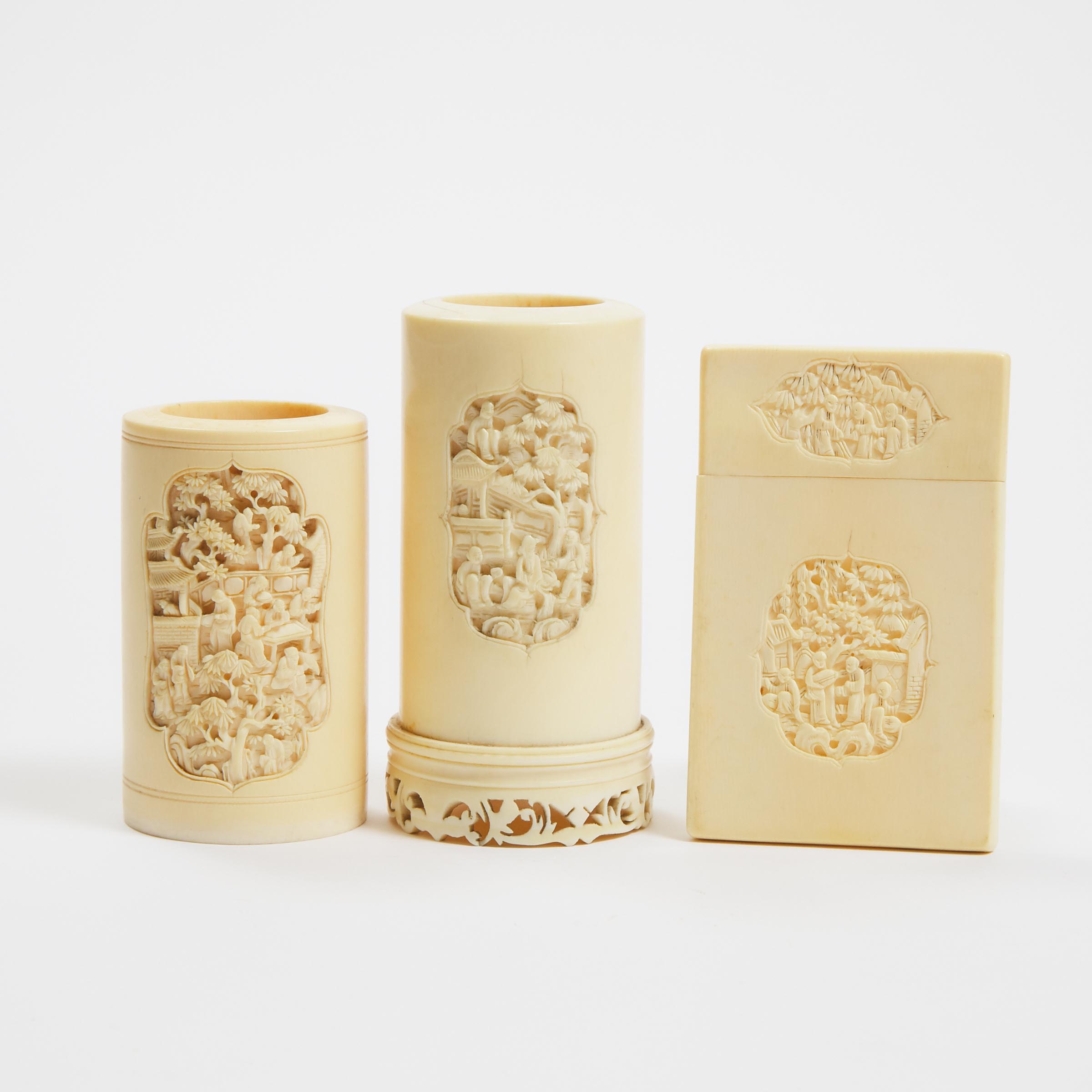 Two Ivory Brush Pots, Together With a Card Case, Late 19th/Early 20th Century