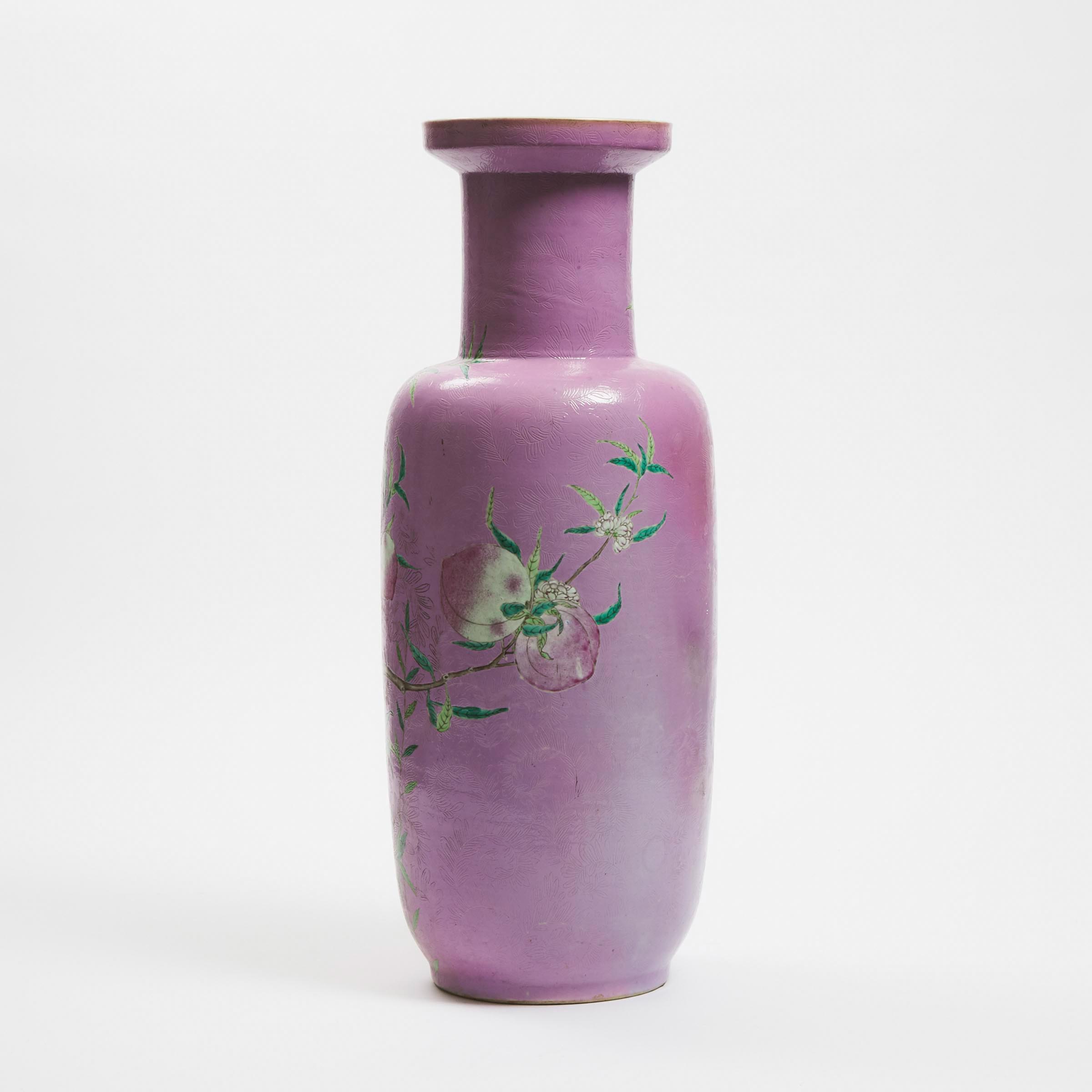 A Large Famille Rose Sgraffito Pink-Ground 'Nine Peaches' Vase, Republican Period