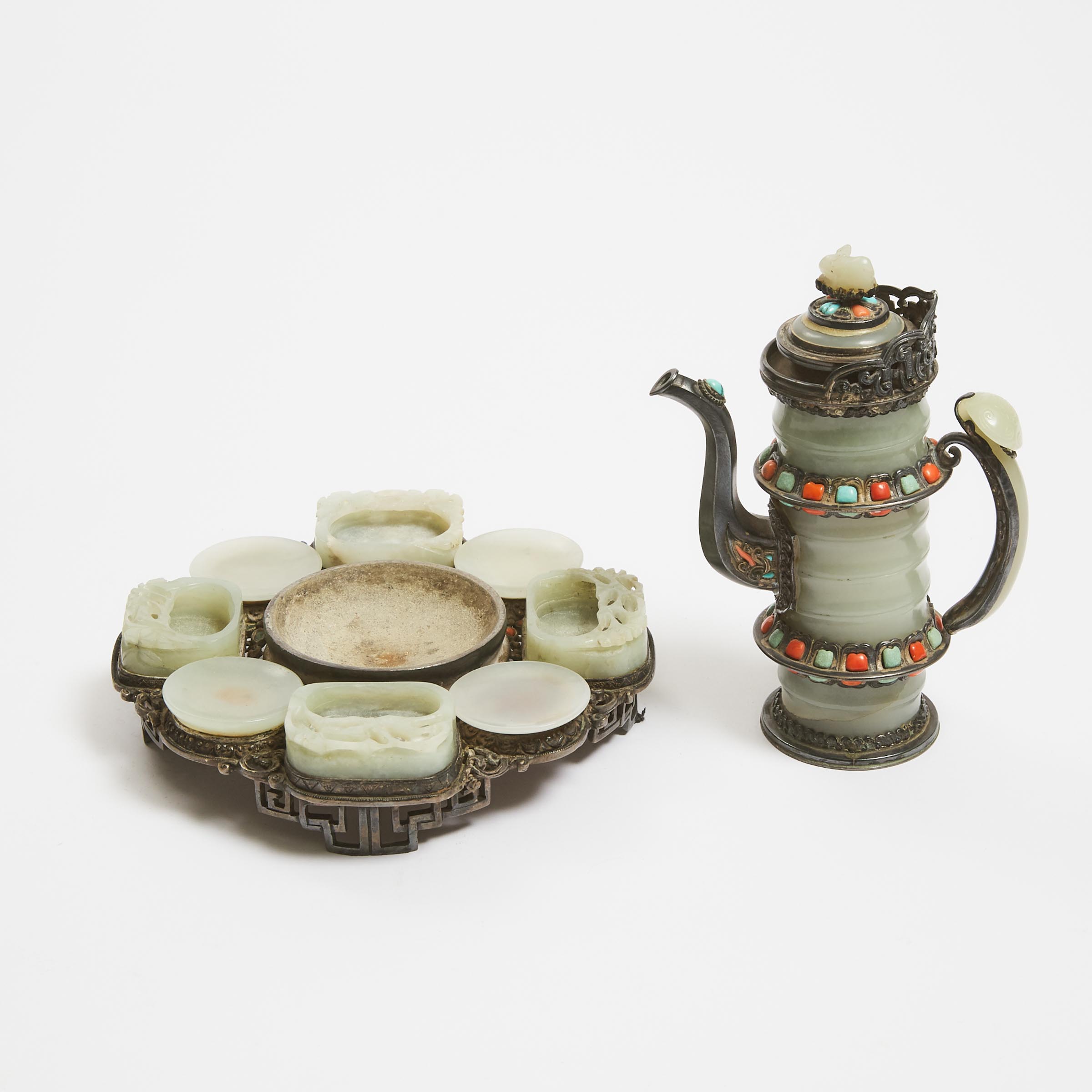 A White Jade Silver-Mounted Teapot, Together With an Ink Palette, Possibly Mongolia, 18th/19th Century