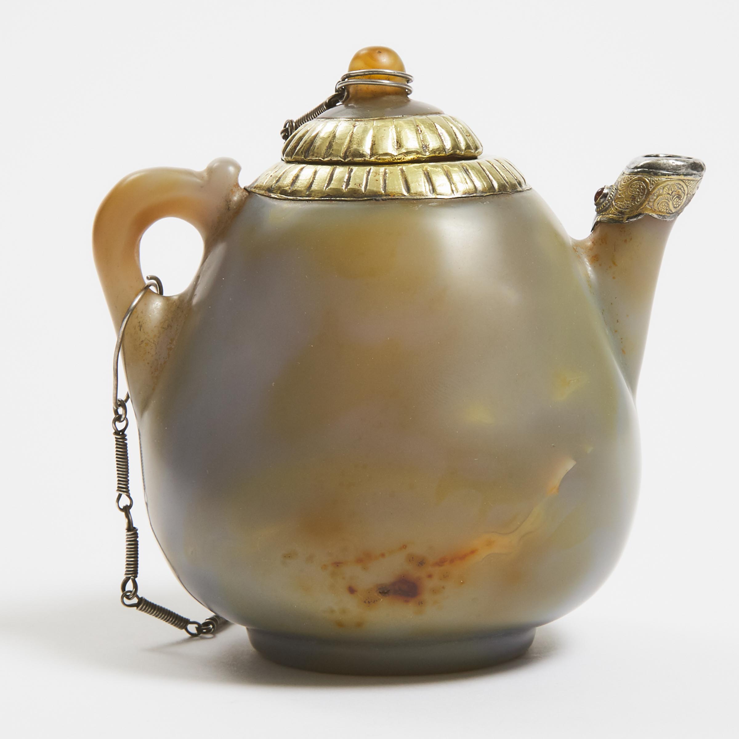 A Liao-Style Silver and Gold Mounted Agate Teapot and Cover