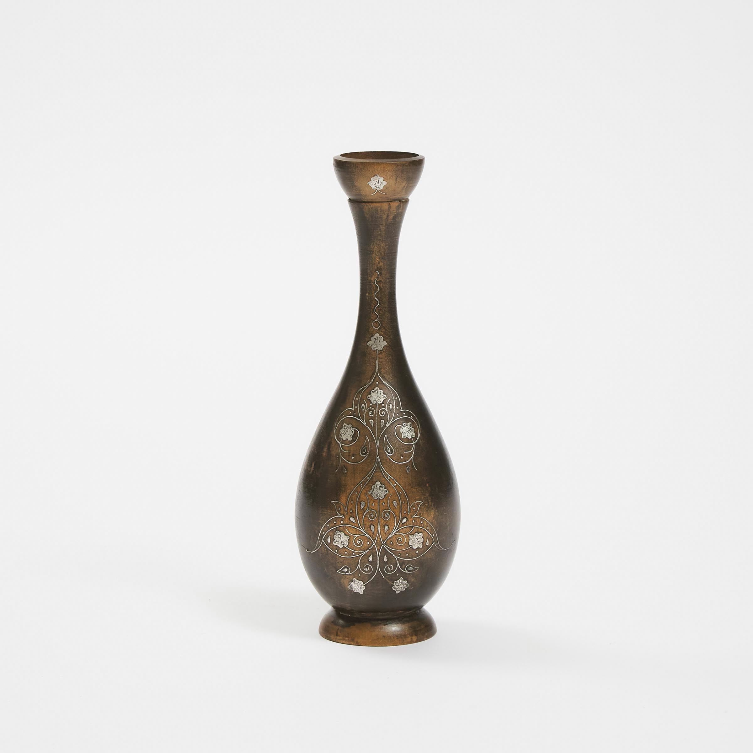 A Prototype Silver-Inlaid Wood Bidri Vase, India, 19th/20th Century