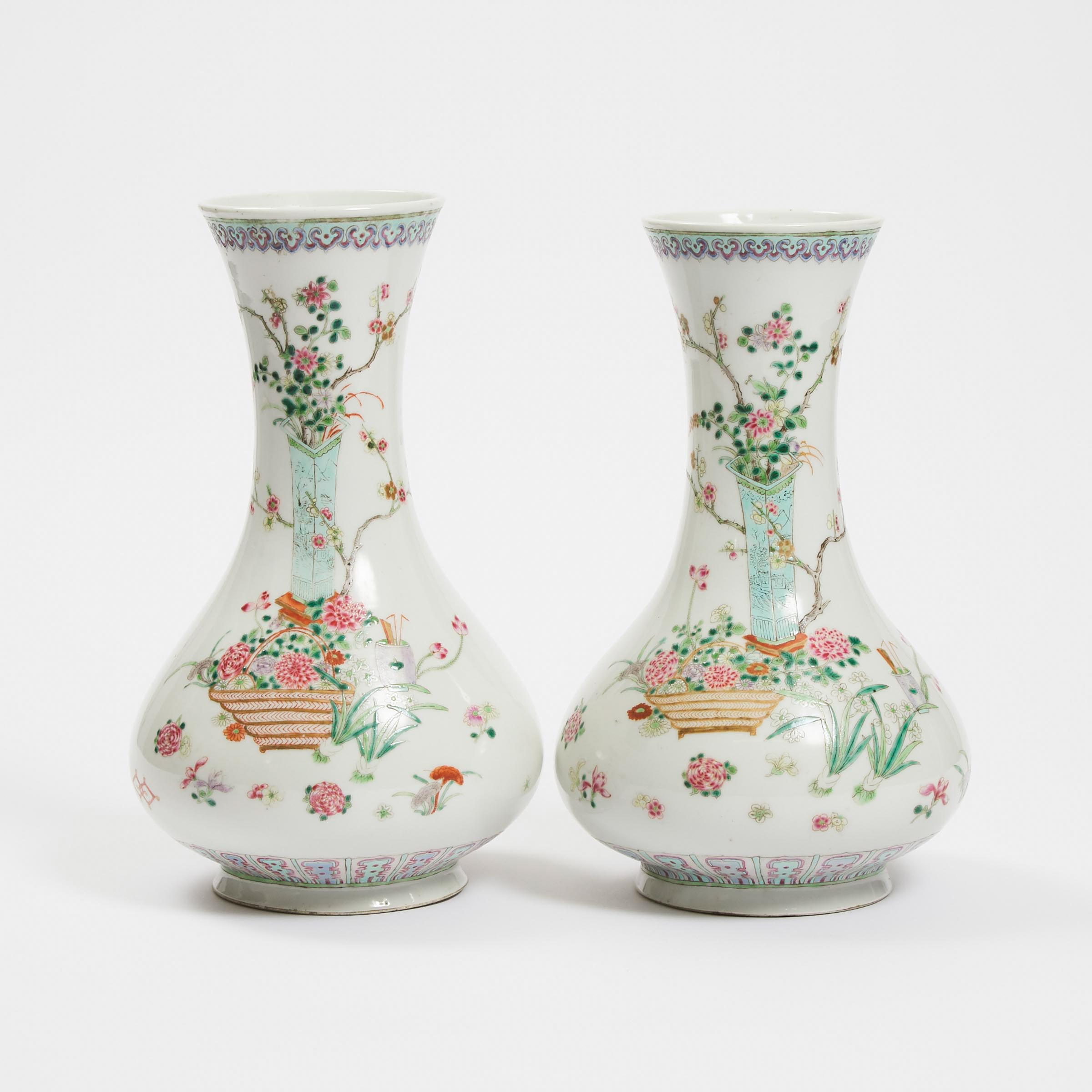 A Pair of Famille Rose Pear-Shaped Vases, Qianlong Mark, Republican Period