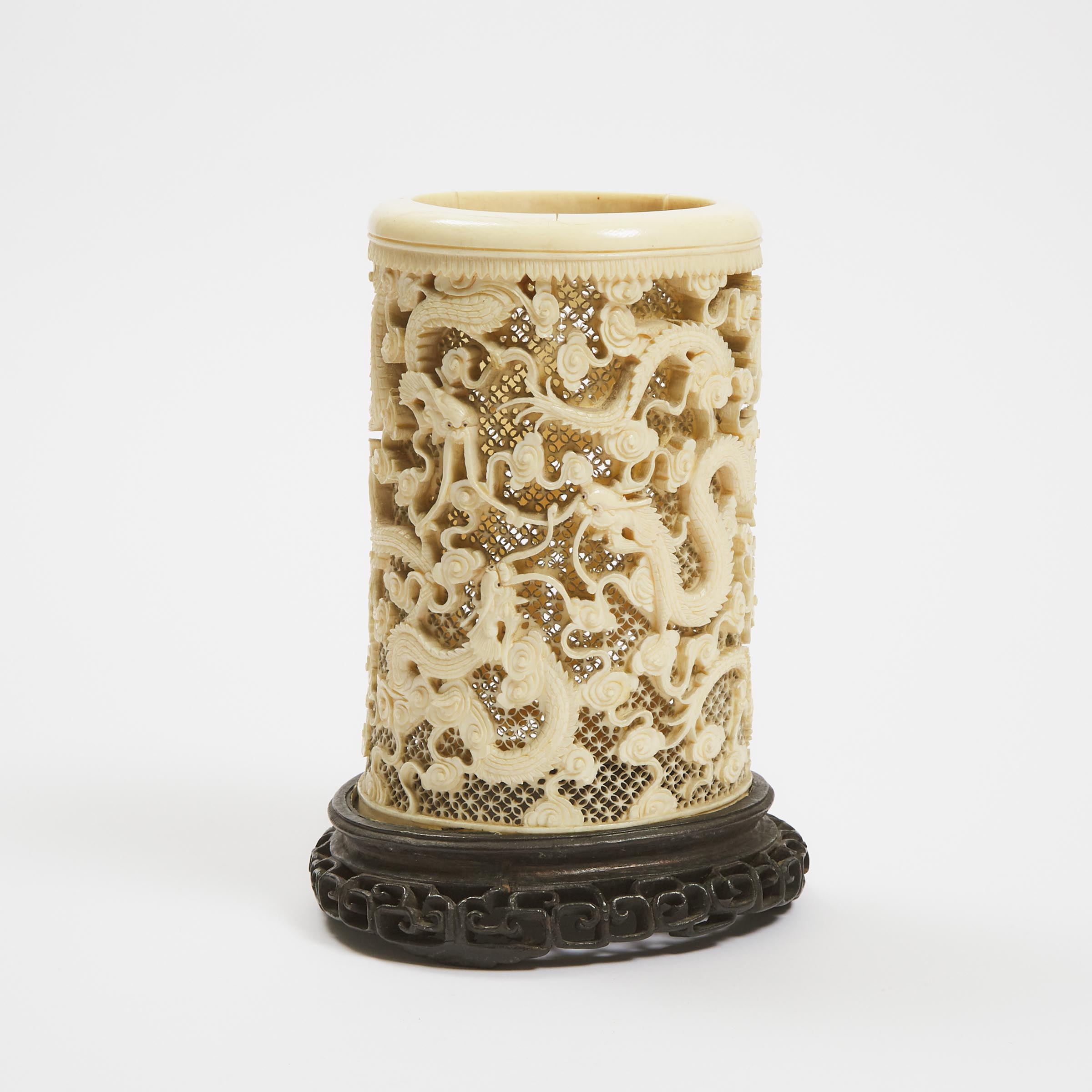 A Large Reticulated Ivory Brush Pot, Late Qing Dynasty