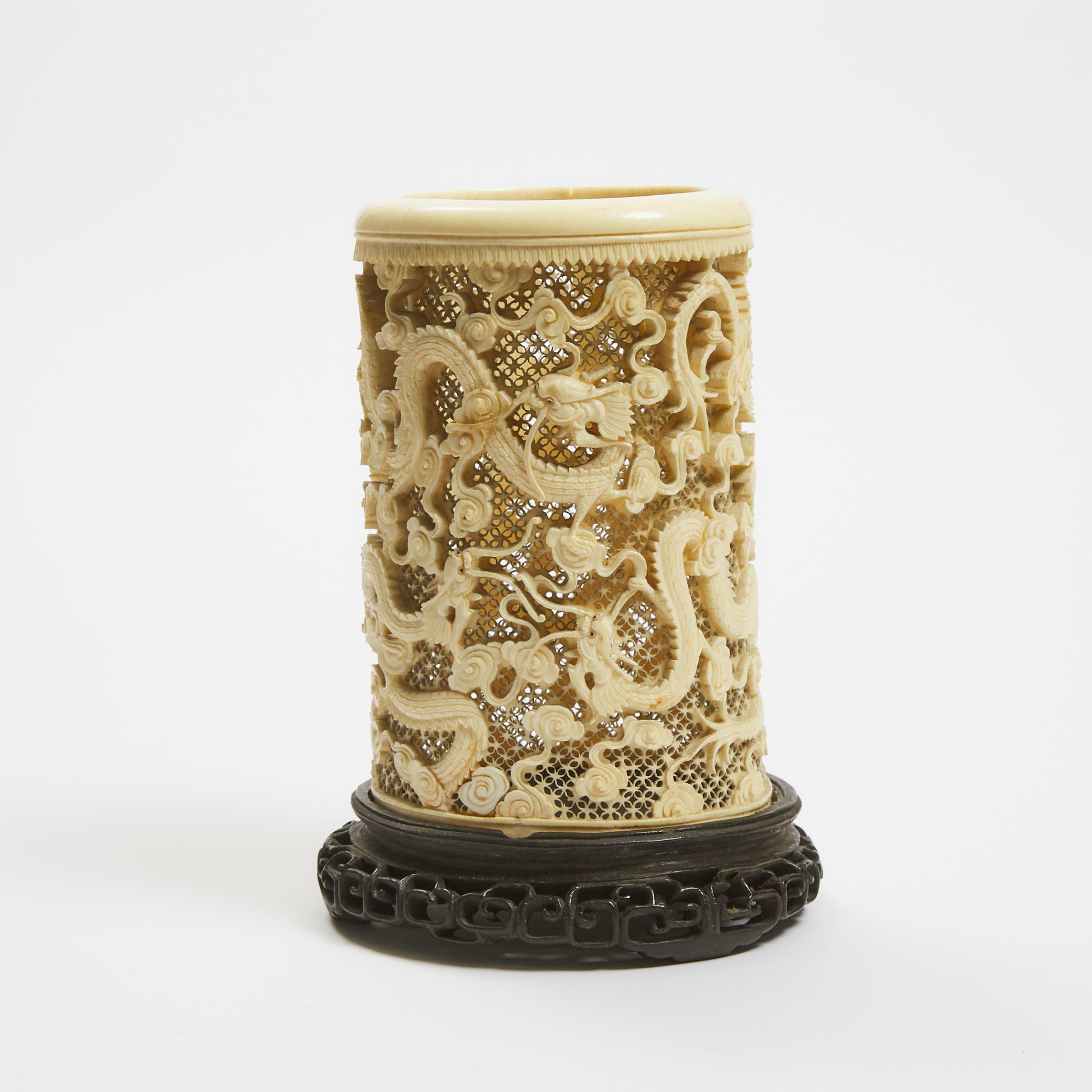 A Large Reticulated Ivory Brush Pot, Late Qing Dynasty