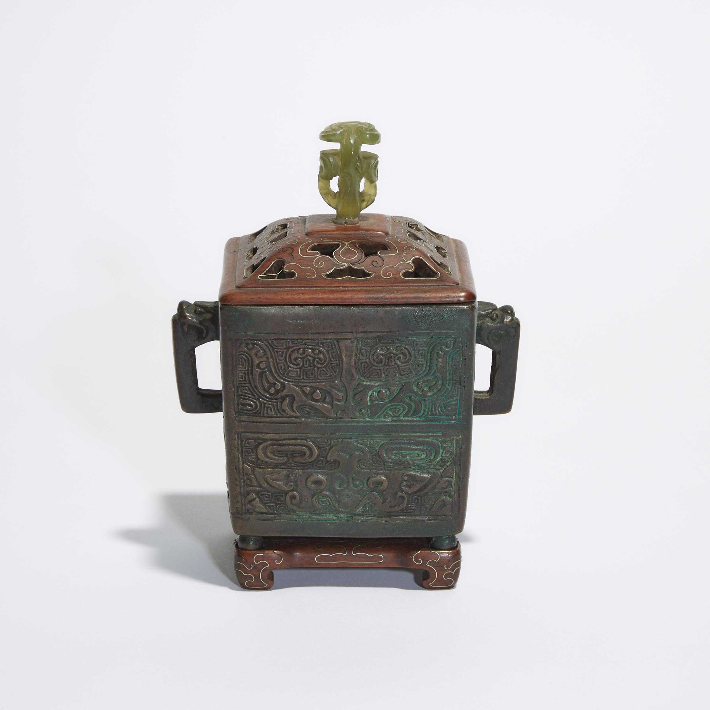 A Bronze Archaistic Square-Section Censer, Cover and Stand, 18th Century or Later