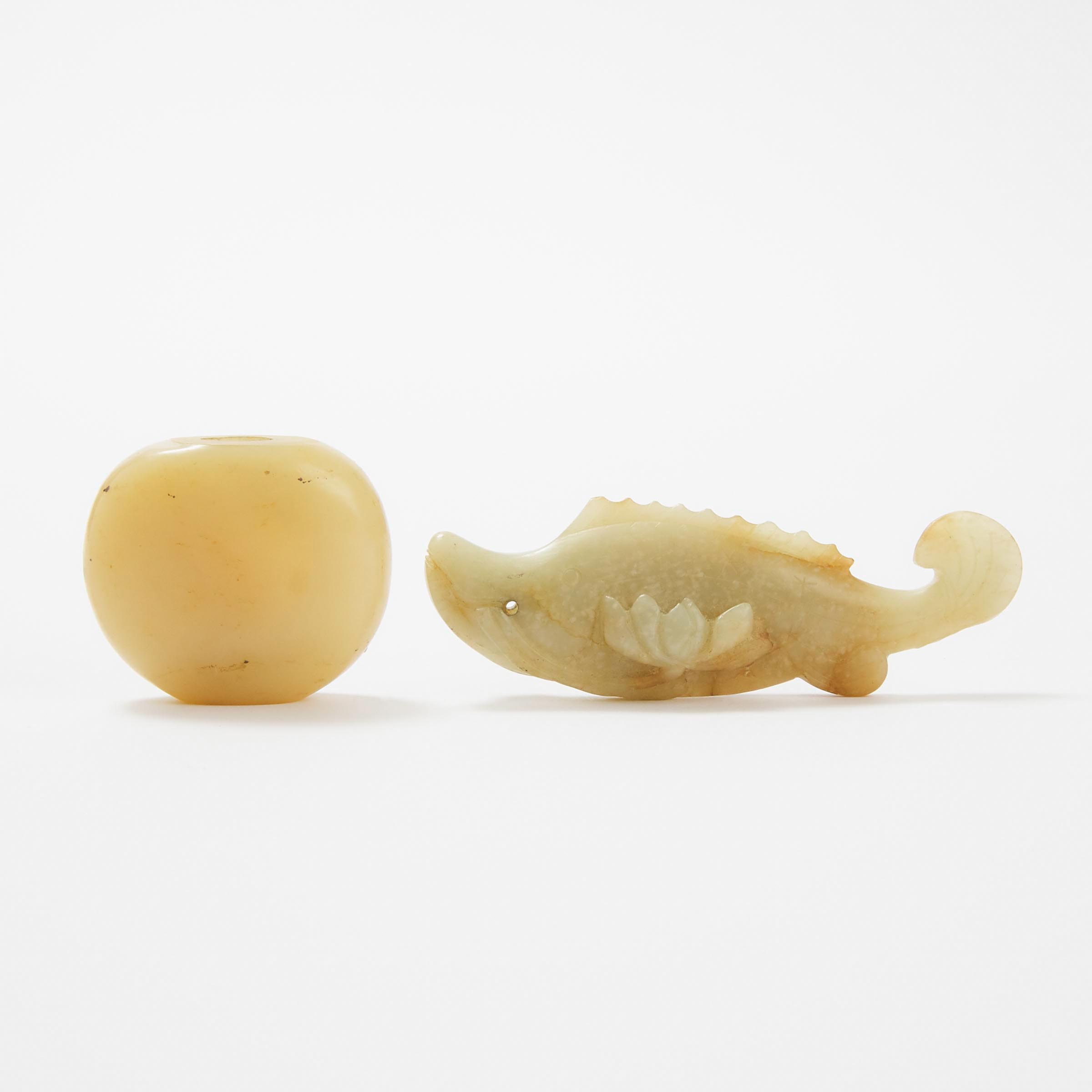 A Mottled Jade Carving of a Fish, Ming Dynasty, Together With a Snuff Bottle, Early Qing Dynasty