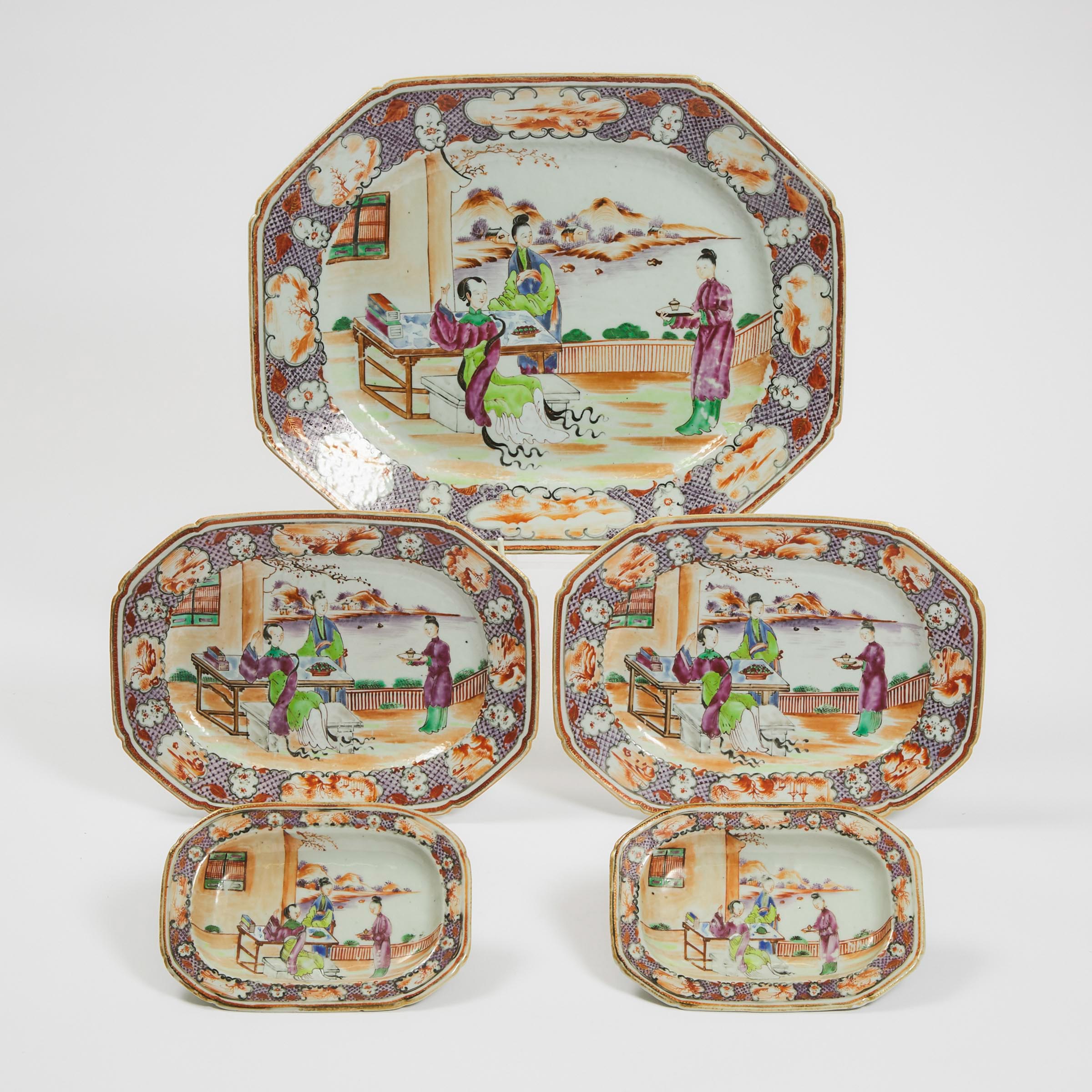 A Set of Six Chinese Export Famille Rose 'Figural' Platters and Tureen, Qianlong Period, Late 18th Century