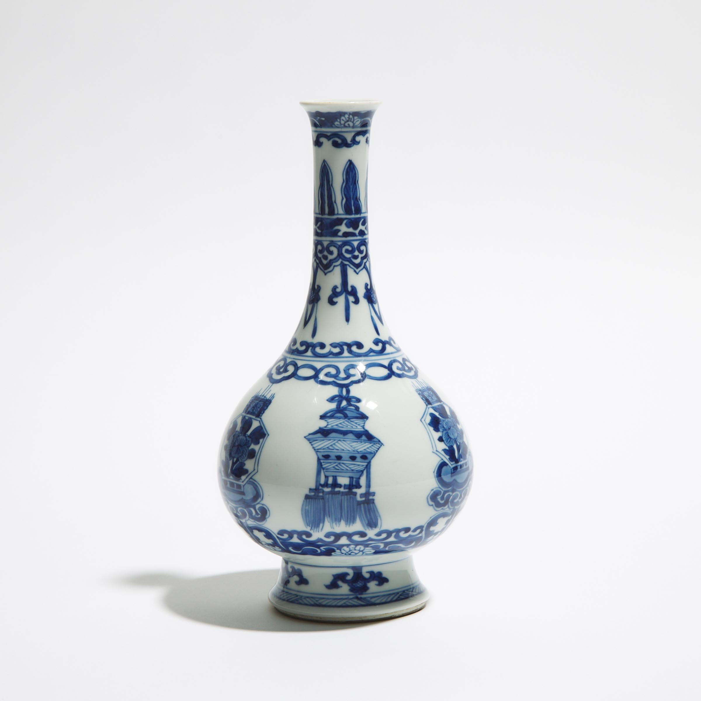 A Blue and White 'Hundred Antiques' Bottle Vase, Kangxi Period (1662-1722)
