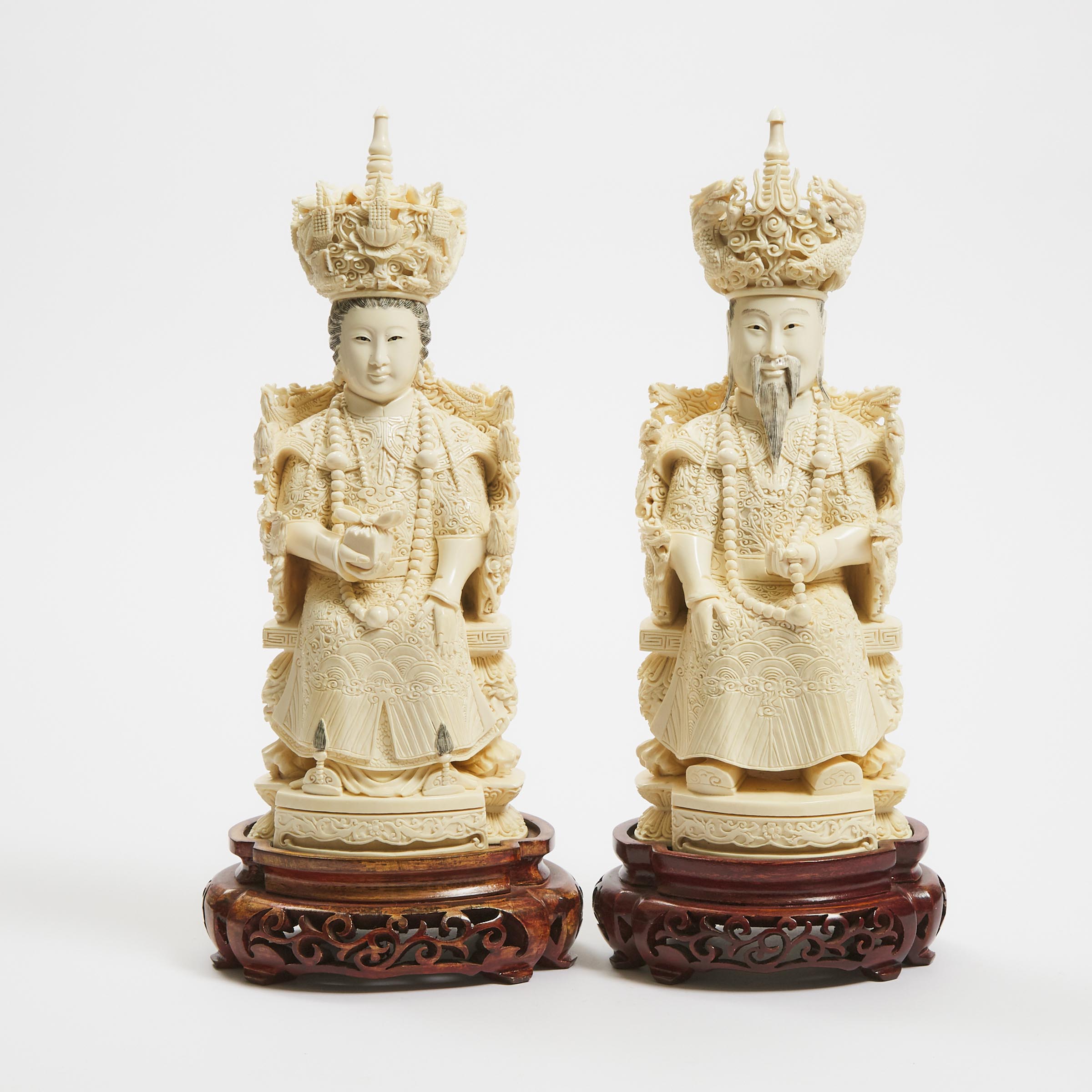 A Large Ivory Carved Emperor and Empress Pair, Mid 20th Century