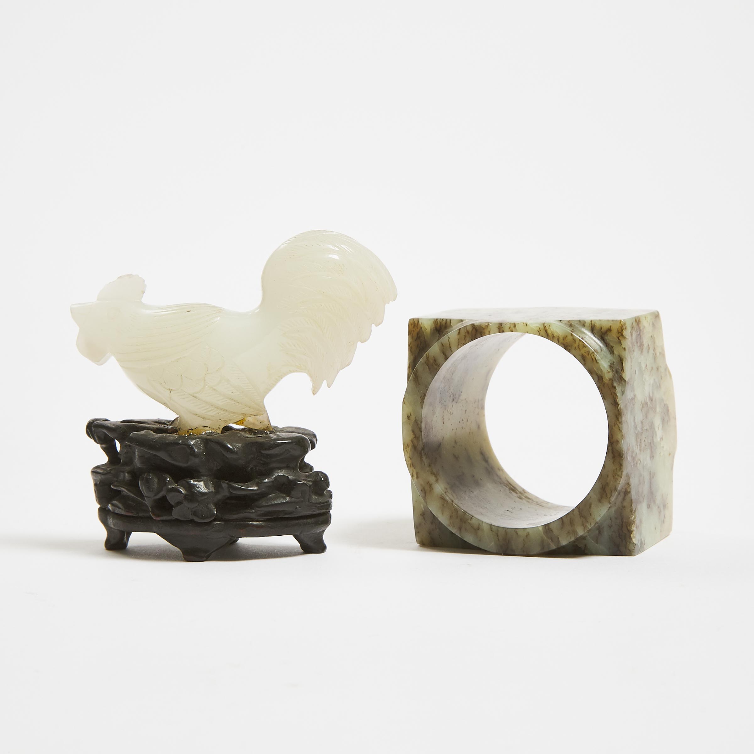 A White Jade Carving of a Rooster, Together With a Mottled Jade 'Cong', 18th Century and Later