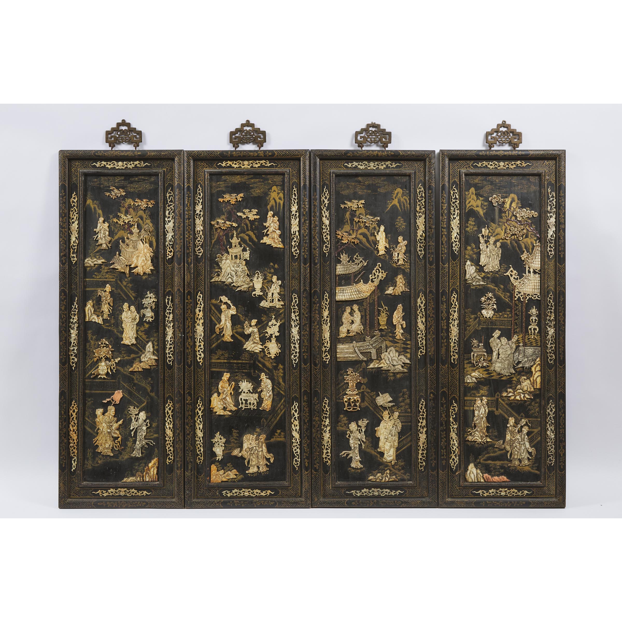 A Set of Four Bone-Inlaid Lacquer Hanging Panels, Late 19th Century