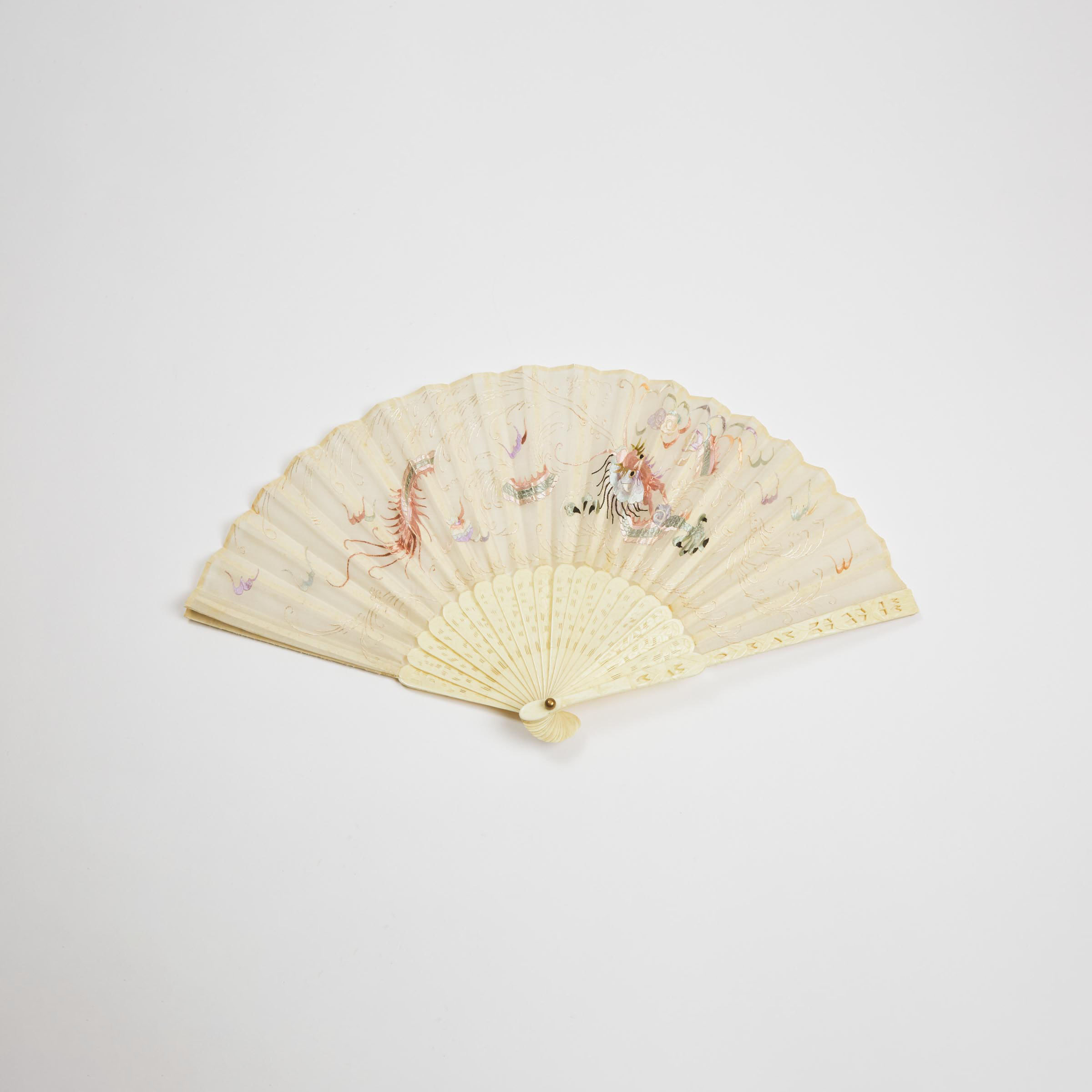 A Chinese Embroidered Gauze and Bone Brisé Fan With Lacquer Box, 19th Century
