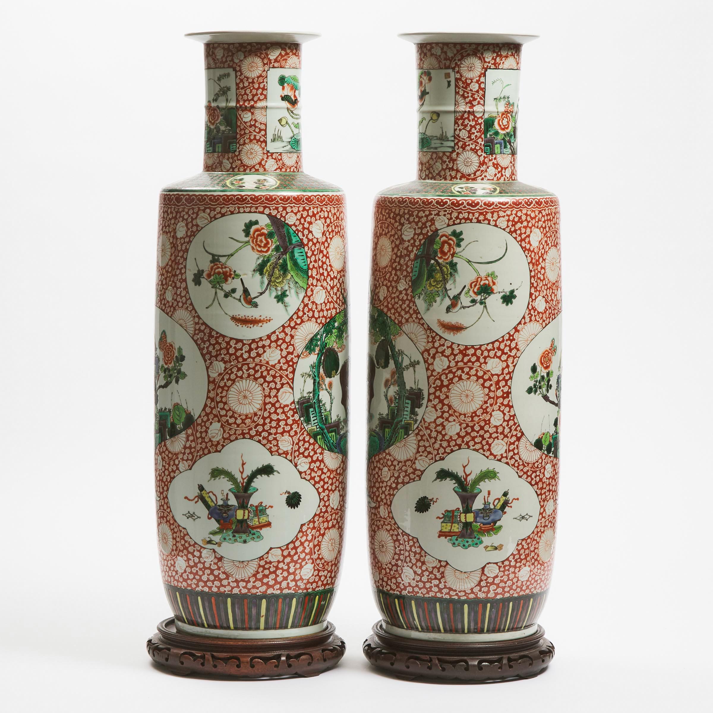A Pair of Large Famille Verte and Iron-Red Decorated Rouleau Vases, Late 19th/Early 20th Century