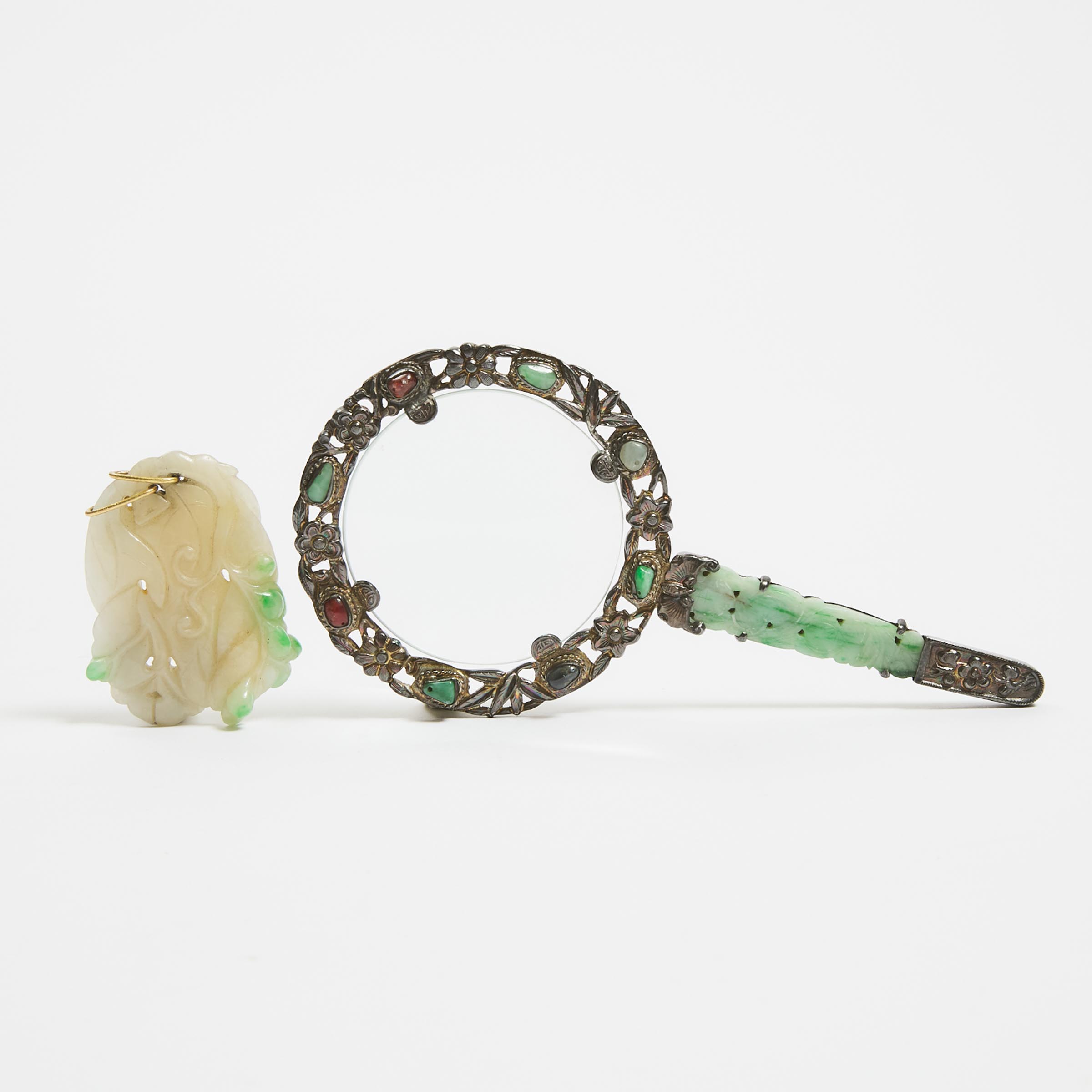 A Jadeite 'Grapes' Pendant, Together With a Jadeite-Mounted Magnifying Glass, Early 20th Century