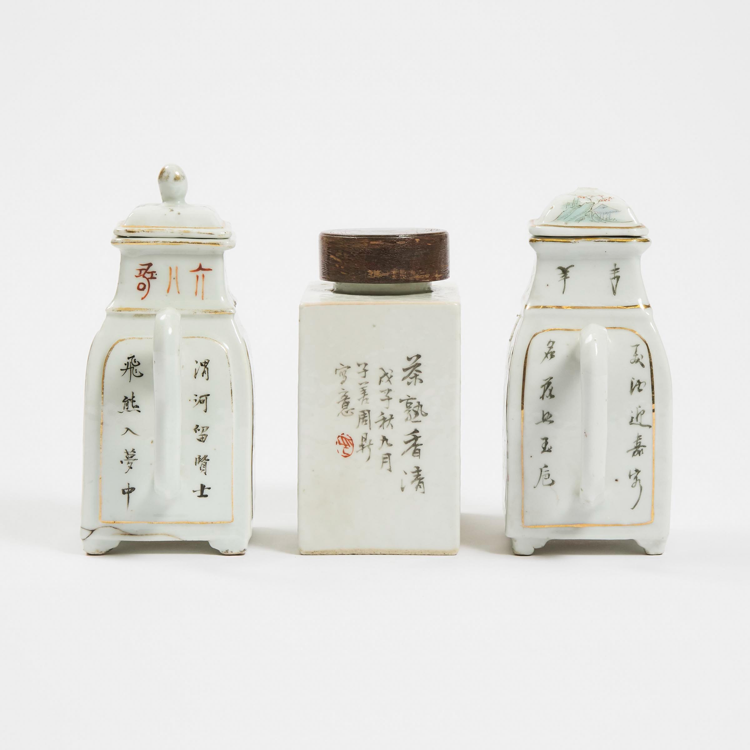 A Pair of Famille Rose Square-Form Teapots, Together With a Tea Caddy, Republican Period