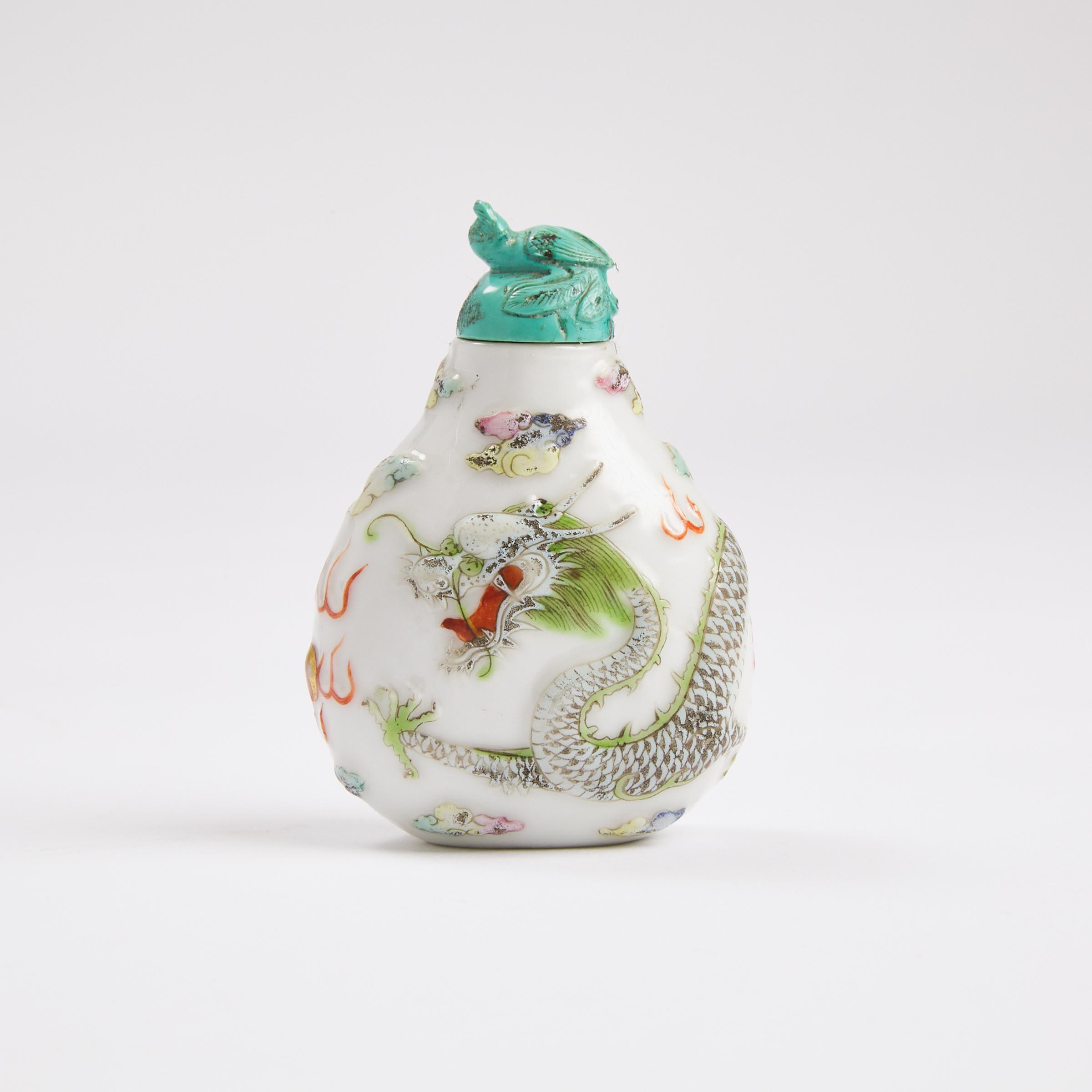 A Famille Rose Moulded Porcelain 'Dragon' Snuff Bottle, 18th Century