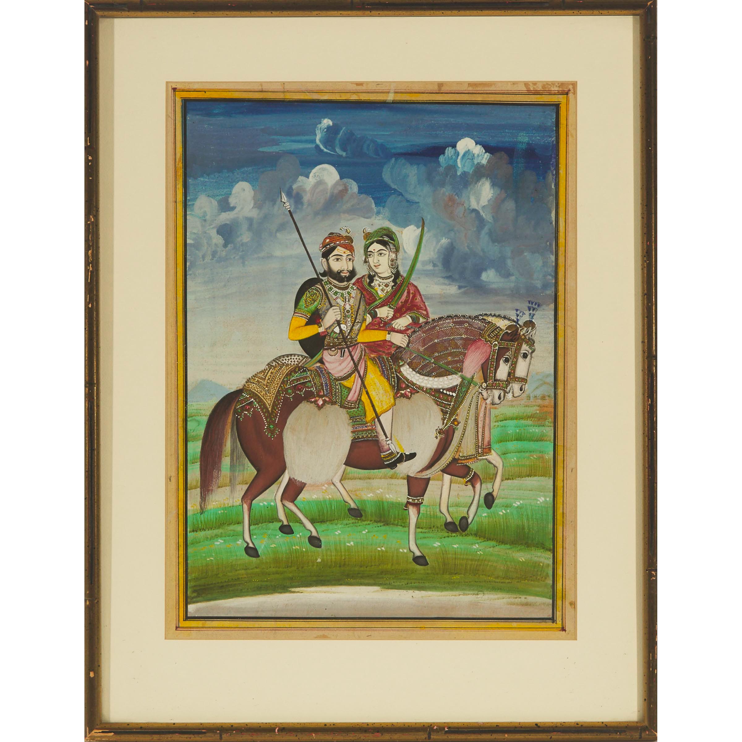 An Equestrian Portrait of Maharaja Ram Singh II of Jaipur (1835-1880) and Consort, Late 19th Century