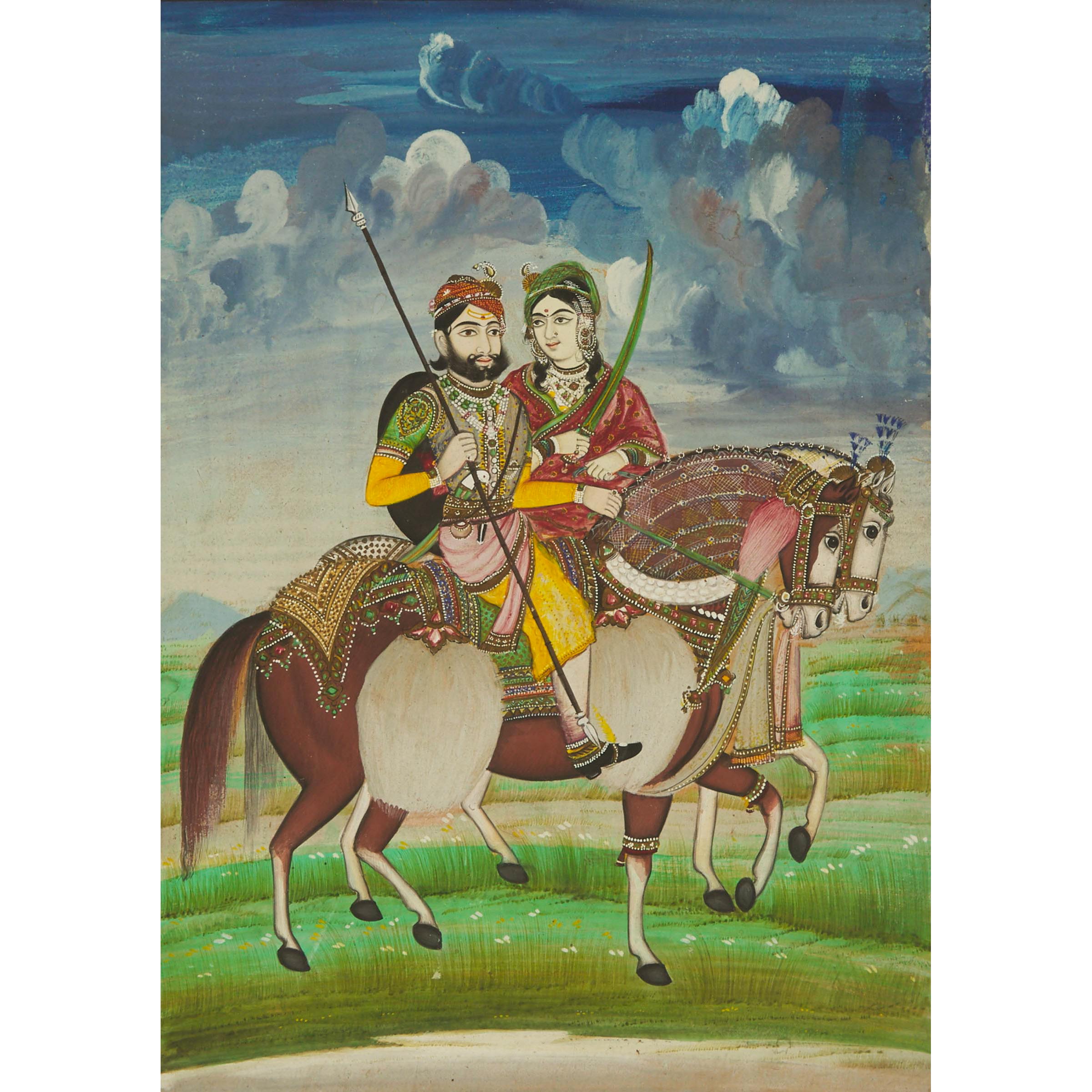 An Equestrian Portrait of Maharaja Ram Singh II of Jaipur (1835-1880) and Consort, Late 19th Century