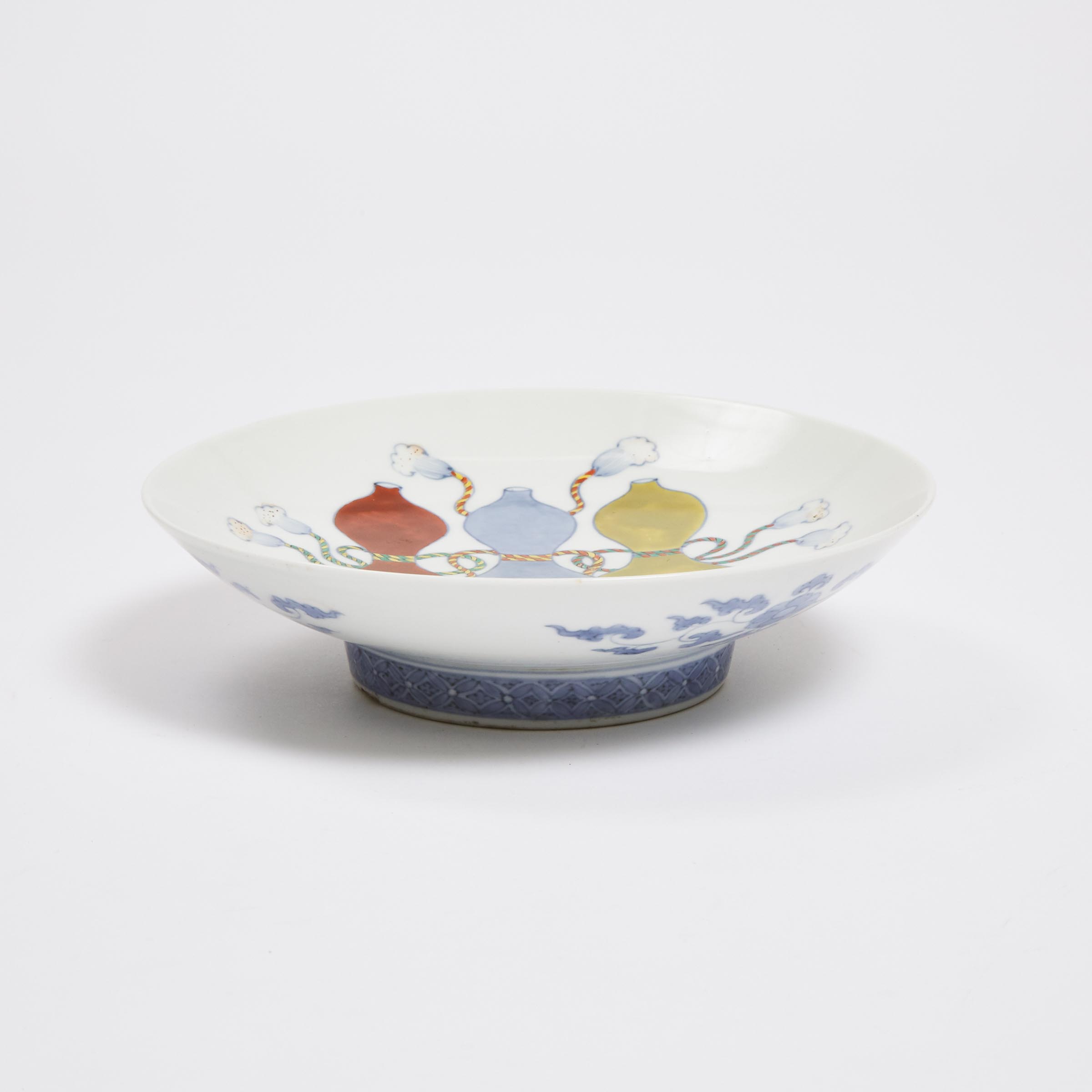 An Enamel-Decorated Blue and White Nabeshima 'Triple Gourd' Footed Dish, Edo Period, 18th Century