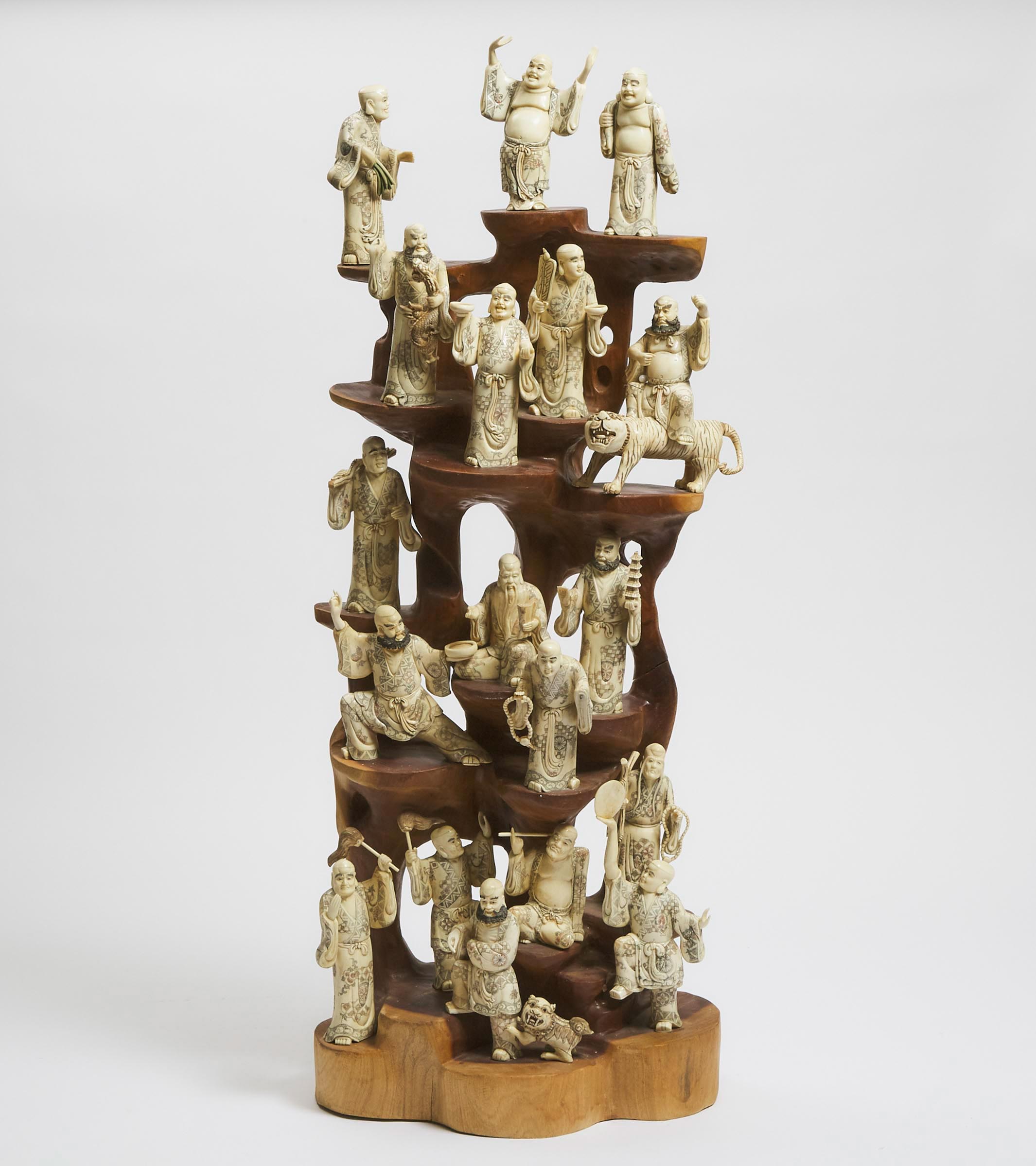 A Polychrome Bone Carved Set of the Eighteen Luohans, Mid 20th Century