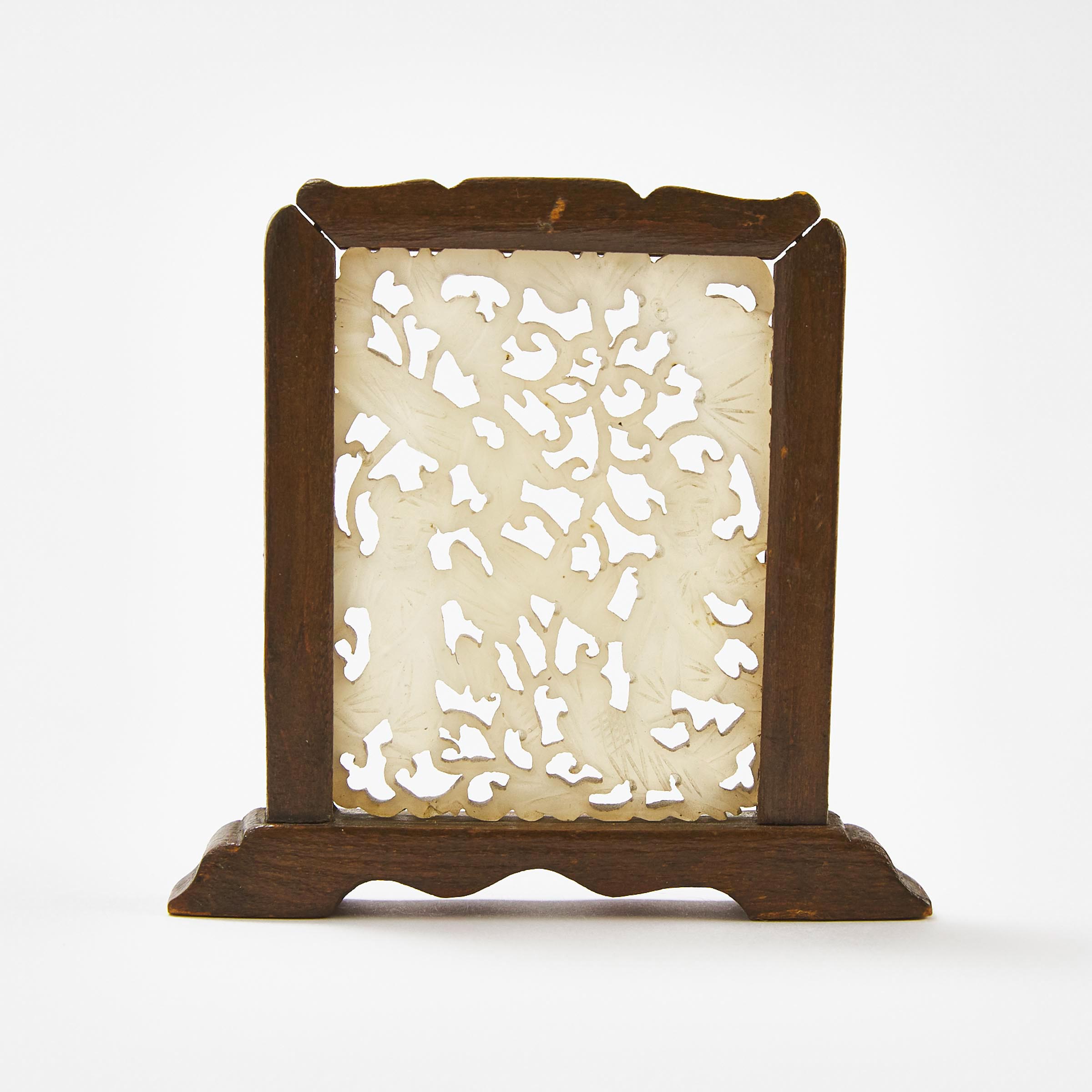 A White Jade ‘Hehe Erxian’ Plaque Inset Table Screen, Qing Dynasty, 19th Century