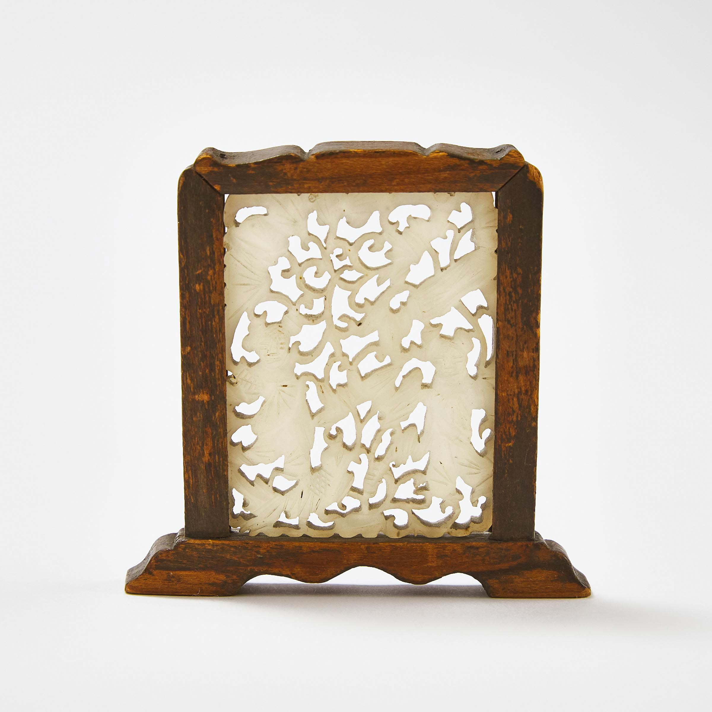 A White Jade ‘Hehe Erxian’ Plaque Inset Table Screen, Qing Dynasty, 19th Century