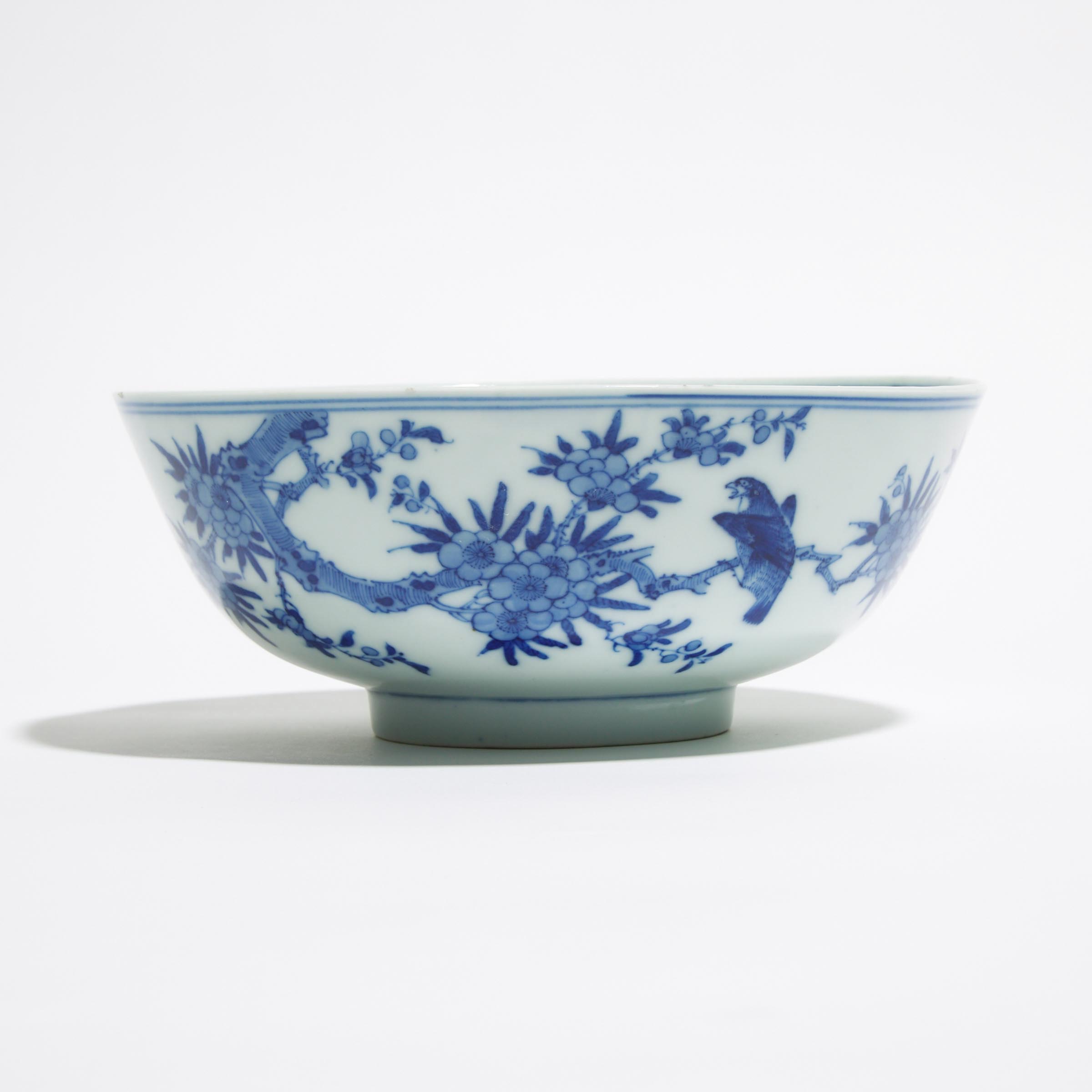 A Blue and White 'Bird and Flower' Bowl, Kangxi Mark, Qianlong Period (1736-1795)