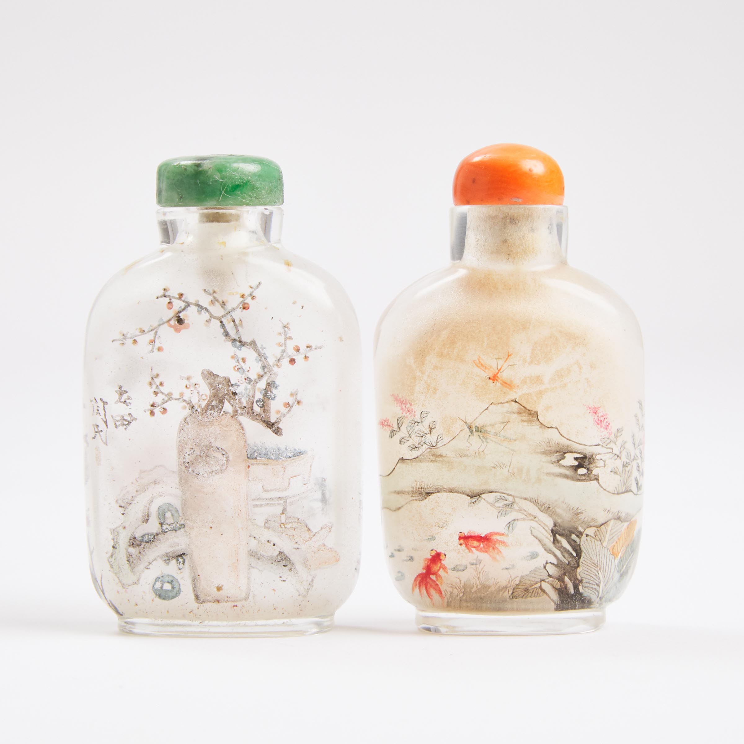 Two Inside-Painted Snuff Bottles, Signed Yan Yutian and Wang Simin, Circa 1900 and Later